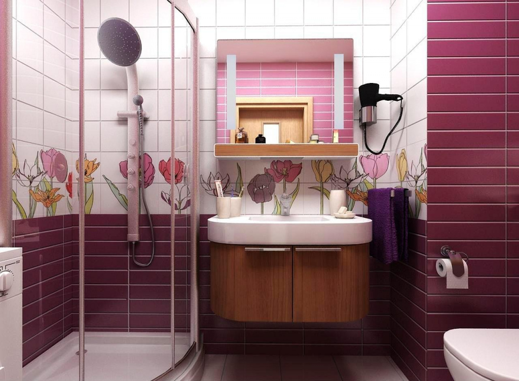 Дизайн ванной комнаты с туалетом и стиральной машиной с навесными шкафчиками, зеркалом, яркой плиткой