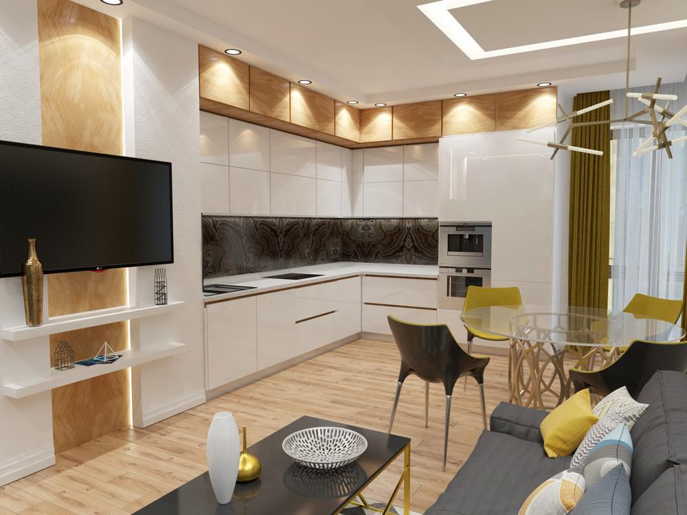 Зонирование в дизайне интерьера кухни гостиной в современном стиле, угловой гарнитур белого цвета