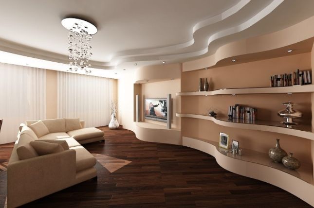 Двухуровневый потолок из гипсокартона для сложной планировки гостиной. Плавные линии создают современный стиль, комфорт и гармонию цвета