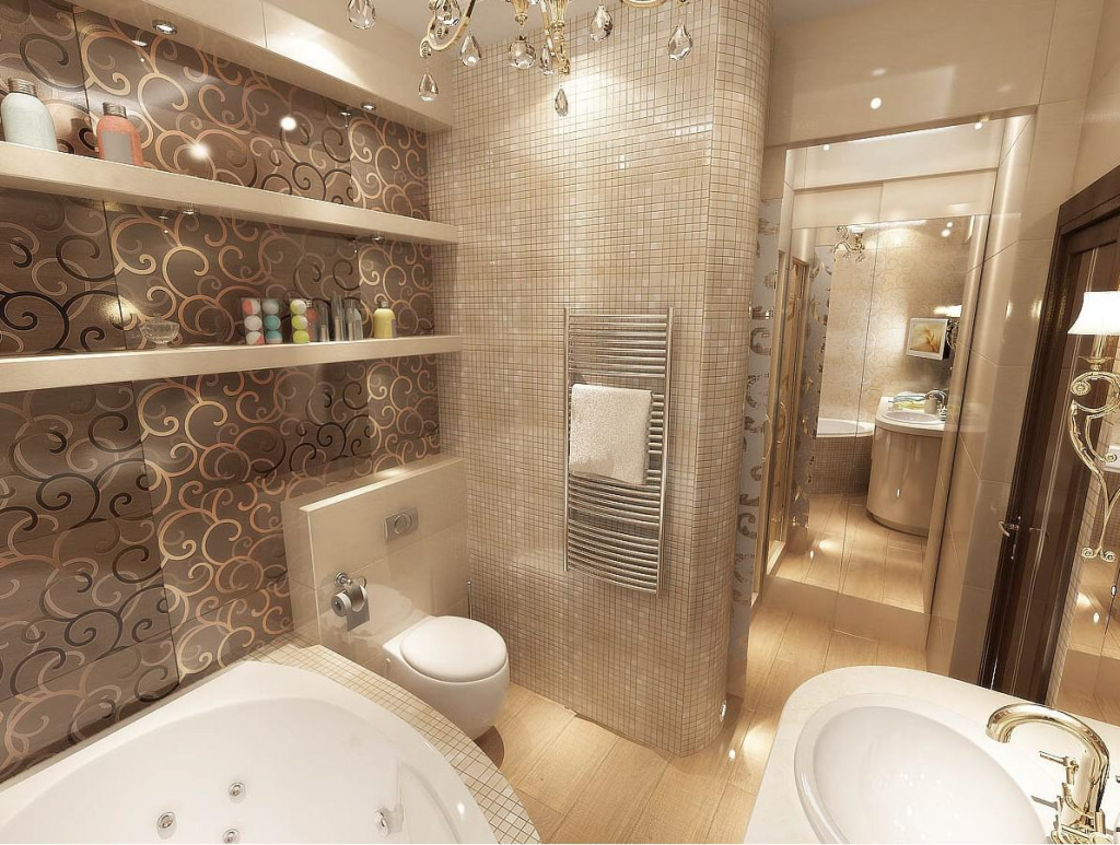 Дизайн ванной комнаты с туалетом с золотыми деталями декора и плиткой