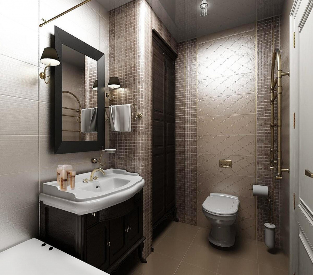 Дизайн ванной комнаты с туалетом небольшой площади с мозаичной плиткой