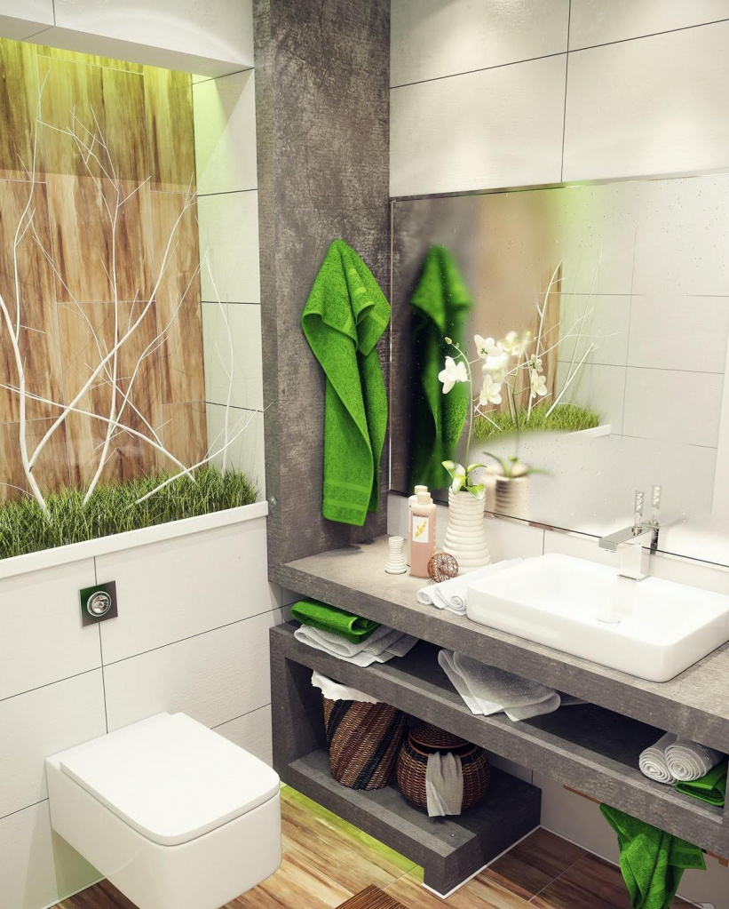 Дизайн ванной комнаты с туалетом в стиле эко с растениями